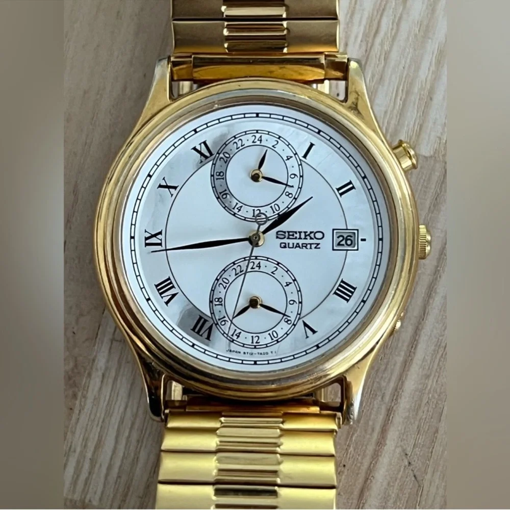 Seiko Ultra Rare 3-Time Zone Vintage Men’s Watch White Pearl Dial Date & Works